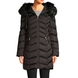 Women's Black Puffer Coat with Faux Fur Hood